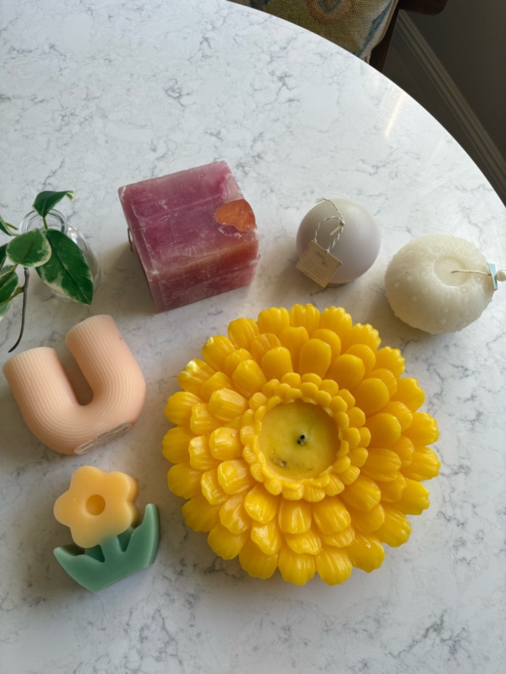Assorted Decorative Candles - Large Yellow Flower Centerpiece + Pastel Accents 6